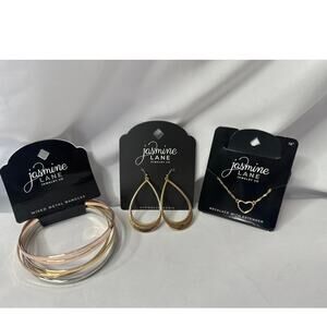 Set of New Mixed Metal Bangles, Gold Heart Necklace, and Gold Teardrop Earrings